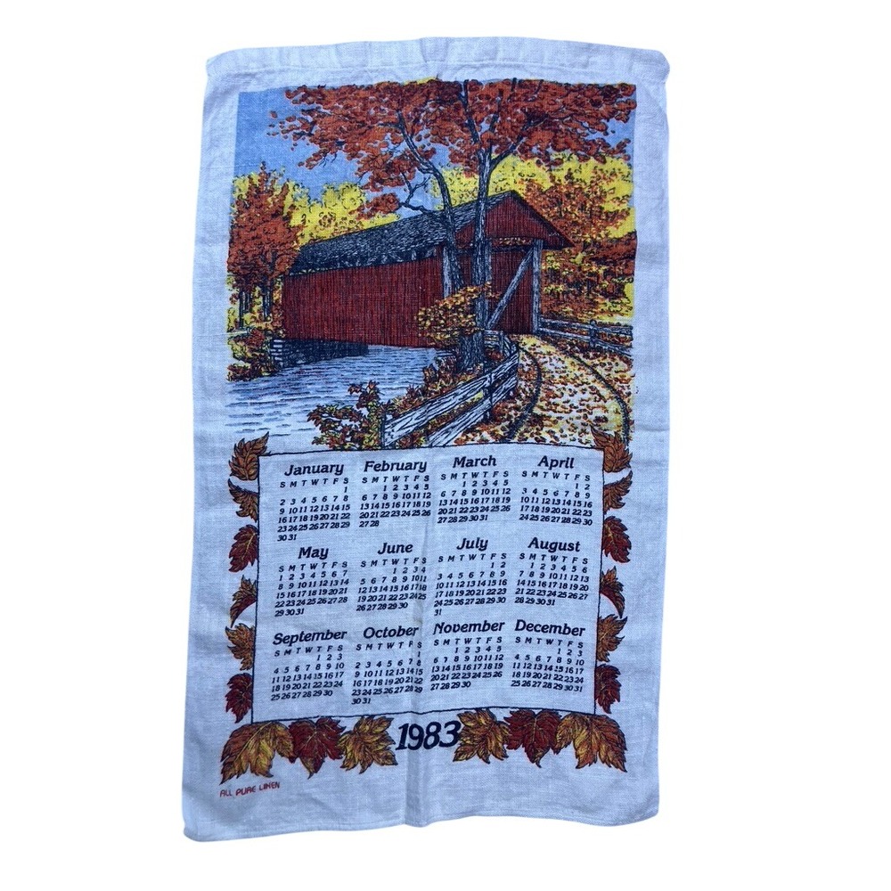 Vintage Tea Towel Calendar White 1983 Covered Bridge Fall Linen Cottage